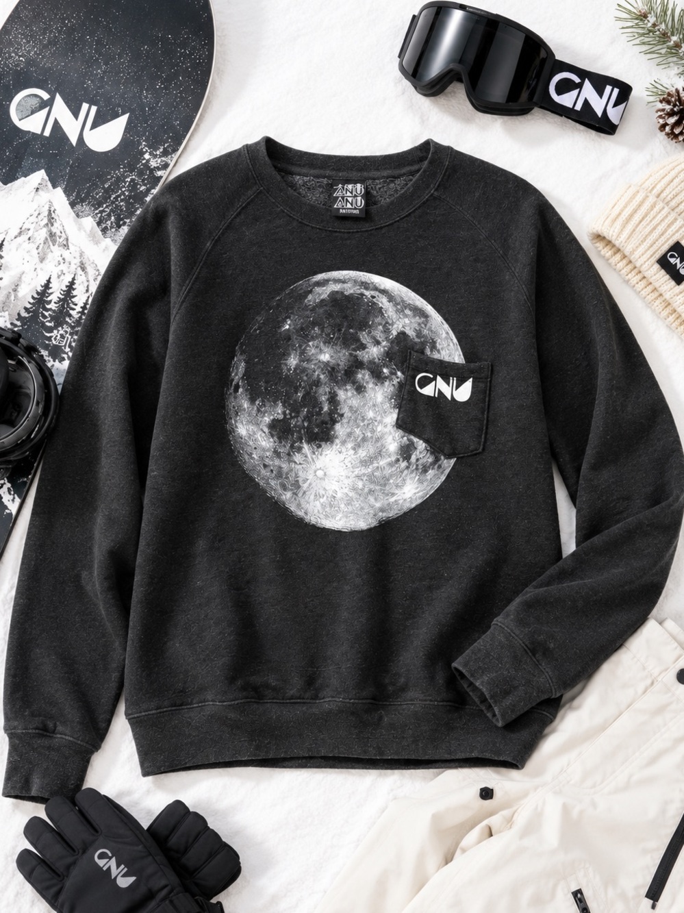 GNU Mt. Weird Moon Graphic Snowboard Crewneck Sweatshirt Rare Vintage Medium